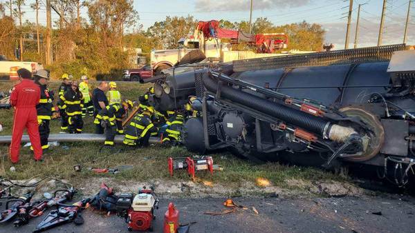 Photos: Crash with overturned septic tanker truck shuts down part of I-4 for hours
