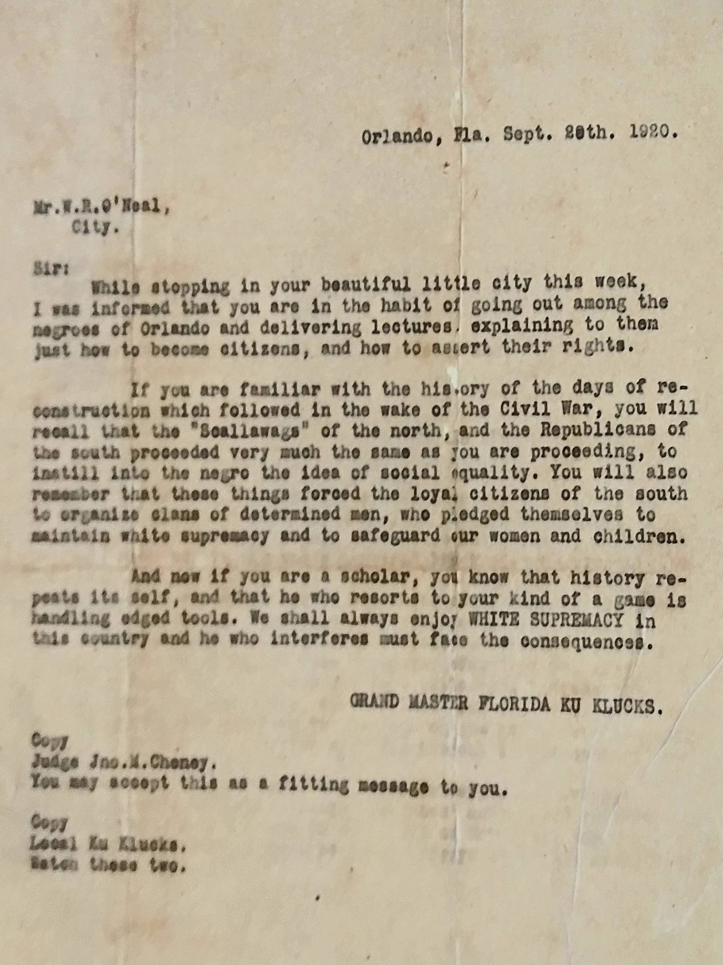 This letter is an example of communication shared amongst members of the Florida Ku Klux Klan in the early 20th century.