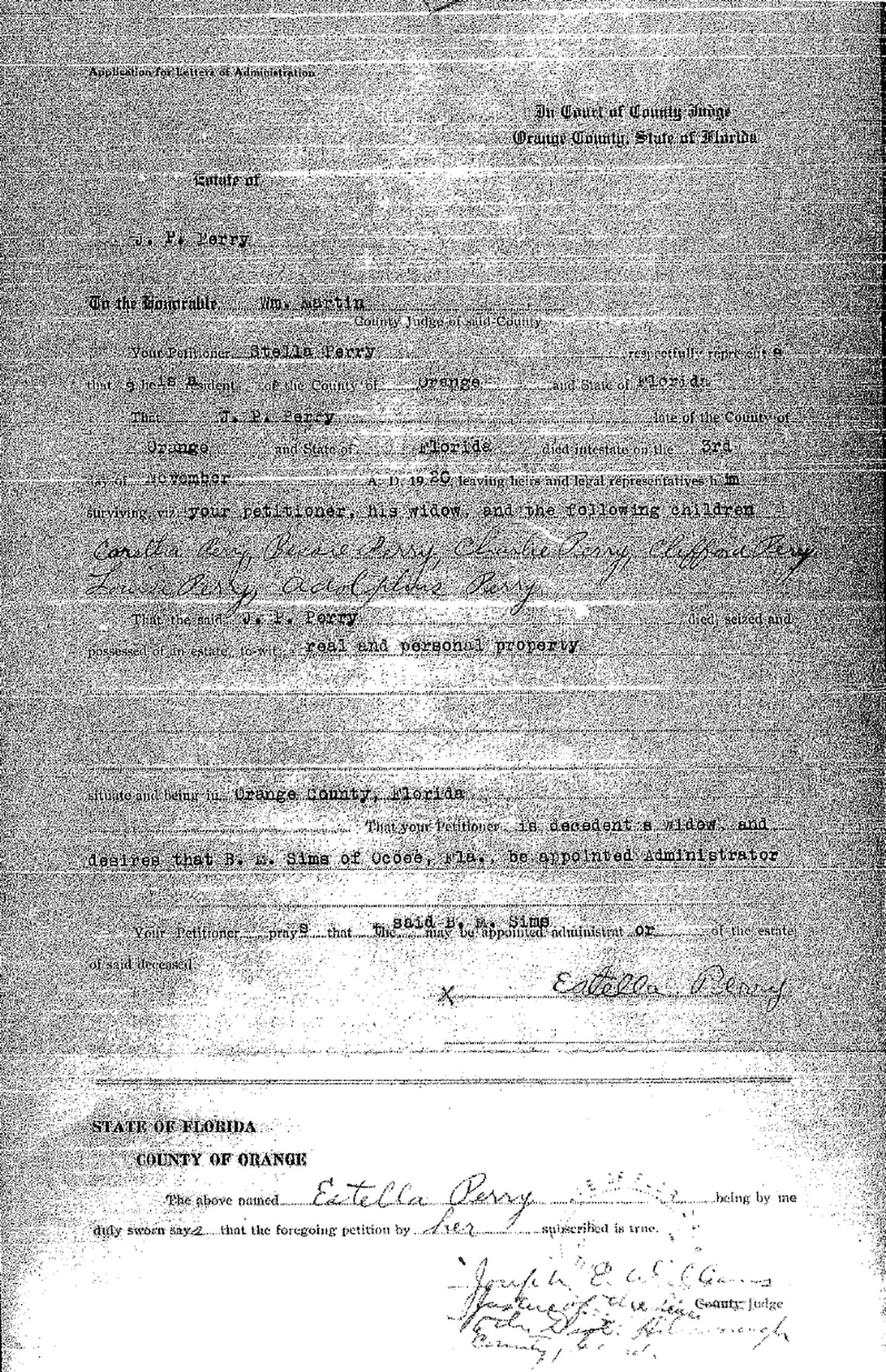 Bluford Sims was appointed administrator of July Perry's estate on November 13, 1920. His wife allegedly petitioned for Sims to be appointed administrator of Perry’s estate.