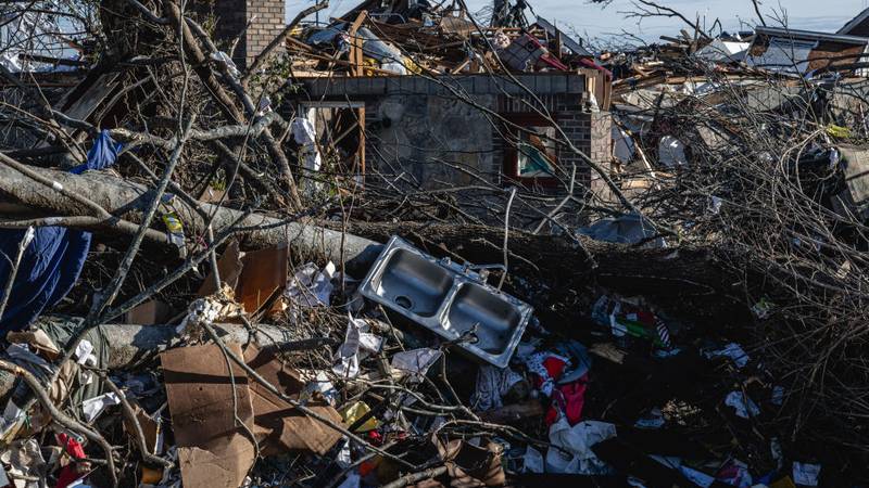 MADISON, TENNESSEE - DECEMBER 10: A destroyed home is seen in the aftermath of a tornado on December 10, 2023 in Madison, Tennessee. Multiple long-track tornadoes were reported in northwest Tennessee on December 9th causing multiple deaths and injuries and widespread damage. (Photo by Jon Cherry/Getty Images)