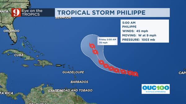 Tropical Storm Philippe expected to gain strength in the Central Atlantic