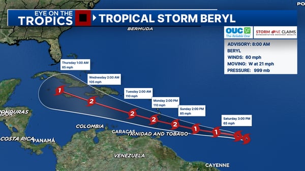 Tropical update: Tropical Storm Beryl continues to strengthen