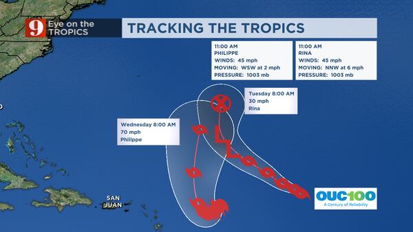 Rare twin tropical storms Philippe, Rina interact in the central Atlantic