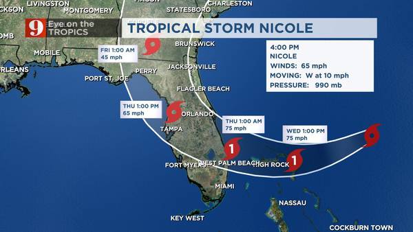 Video: Tropical Storm Nicole strengthens slightly, now 400 miles off Florida coast