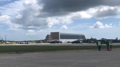 Moon rocket’s core stage arrives at Kennedy Space Center