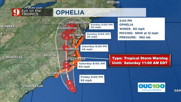 Tropical Storm Ophelia forms off the coast of the Carolinas