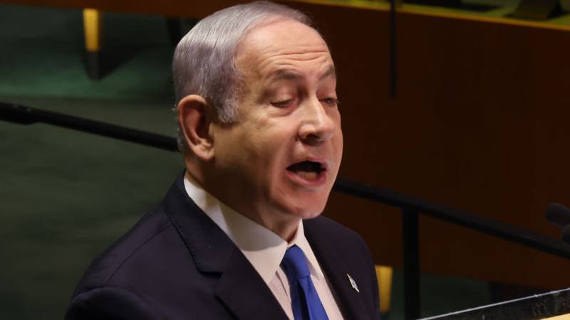 NEW YORK, NEW YORK - SEPTEMBER 22:  Israeli Prime Minister Benjamin Netanyahu addresses world leaders during the United Nations (UN) General Assembly on September 22, 2023 in New York City. Dignitaries and their delegations from across the globe have descended on New York for the annual event. This year marks the 78th session of the General Debate at the UN Headquarters and has focused on the crisis of global warming.  (Photo by Spencer Platt/Getty Images)