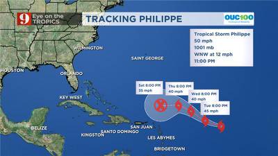 Tropical Storm Philippe remains disorganized, forecast to weaken as it moves west
