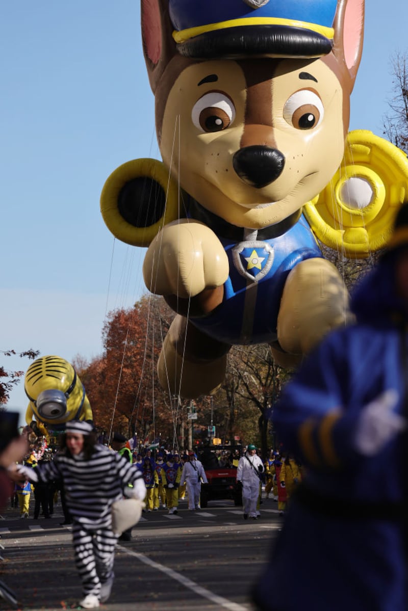 NEW YORK, NEW YORK - NOVEMBER 23: The PAW Patrol’s Chase balloon heads down the parade route during the Macy's Thanksgiving Day Parade on November 23, 2023 in New York City. (Photo by Michael Loccisano/Getty Images)