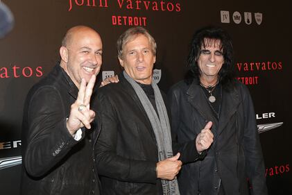 DETROIT, MI - APRIL 16: (L-R) Designer John Varvatos, singer Michael Bolton and musician Alice Cooper attend John Varvatos Detroit Store Opening Party hosted by Chrysler on April 16, 2015 in Detroit, Michigan. (Photo by Loreen Sarkis/Getty Images for John Varvatos)