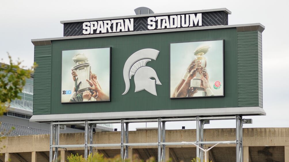 East Lansing, Michigan, USA - August 8, 2015: Photograph of sign on back of scoreboard at Spartan Stadium on the campus of Michigan State University in Lansing, Michigan. Image taken near the intersection of Red Cedar Road and West Shaw Lane.