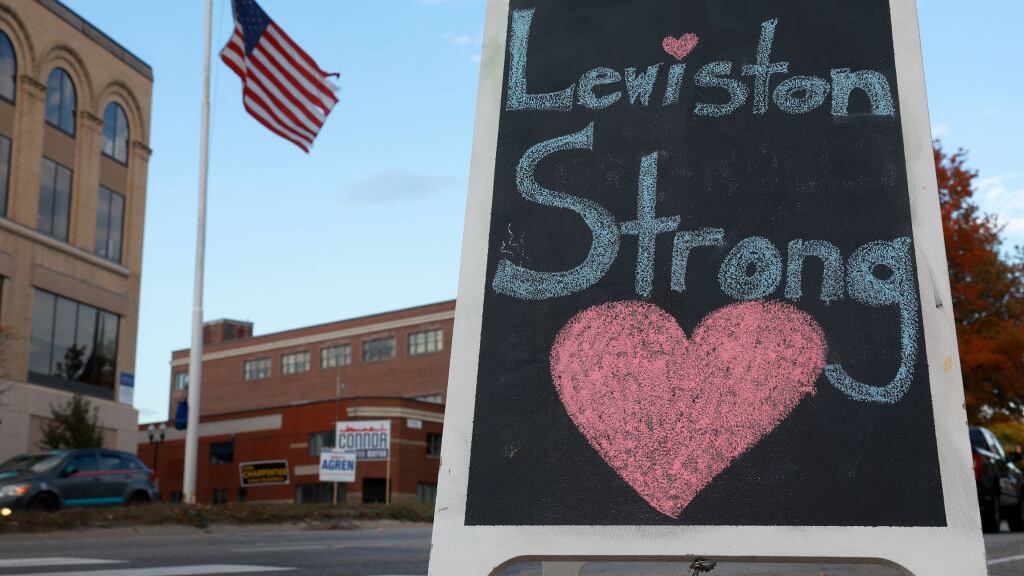 LEWISTON, MAINE - OCTOBER 27: A Lewiston Strong sign is seen after two mass shootings on October 27, 2023 in Lewiston, Maine. Police are actively searching for a suspect, Army reservist Robert Card, who allegedly killed 18 people in a mass shooting at a bowling alley and restaurant in Lewiston, Maine. (Photo by Joe Raedle/Getty Images)