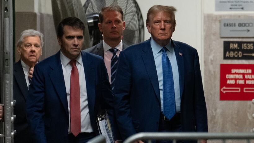 NEW YORK, NEW YORK - MAY 9: Former U.S. President Donald Trump and attorney Todd Blanche return from a break in his trial for allegedly covering up hush money payments at Manhattan Criminal Court on May 9, 2024 in New York City. Trump was charged with 34 counts of falsifying business records last year, which prosecutors say was an effort to hide a potential sex scandal, both before and after the 2016 presidential election. Trump is the first former U.S. president to face trial on criminal charges. (Photo by Jeenah Moon-Pool/Getty Images)