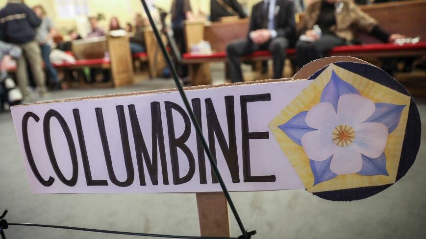 DENVER, COLORADO - APRIL 19: Signage for Columbine High School during a 25th Year Remembrance ceremony on April 19, 2024 at First Baptist Church of Denver in Denver, Colorado. Twelve students and one teacher were shot and killed and many more injured on April 20, 1999 at Columbine High School in Littleton, Colorado in a school shooting that shocked the country at the time. (Photo by Marc Piscotty/Getty Images)