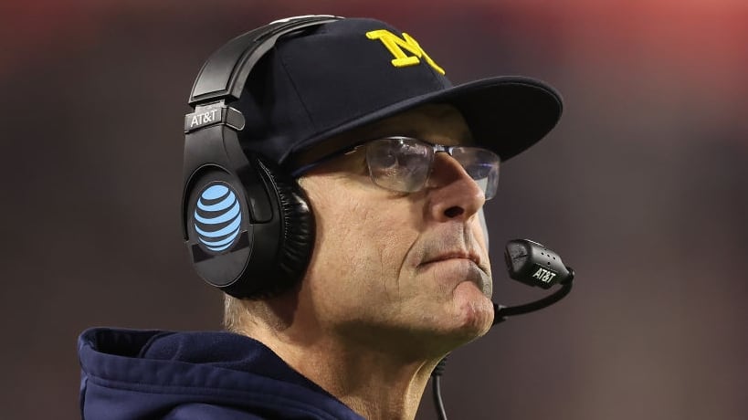 GLENDALE, ARIZONA - DECEMBER 31: Head coach Jim Harbaugh of the Michigan Wolverines looks on during the Vrbo Fiesta Bowl at State Farm Stadium on December 31, 2022 in Glendale, Arizona. The Horned Frogs defeated the Wolverines 51-45. (Photo by Christian Petersen/Getty Images)