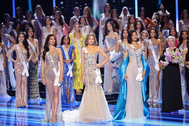 SAN SALVADOR, EL SALVADOR - NOVEMBER 18: (L - R) Miss Thailand Anntonia Porsild, Miss Australia Moraya Wilson and Miss Nicaragua  Sheynnis Palacios line up during the 72nd Miss Universe Competition at Gimnasio Nacional José Adolfo Pineda on November 18, 2023 in San Salvador, El Salvador. (Photo by Hector Vivas/Getty Images)