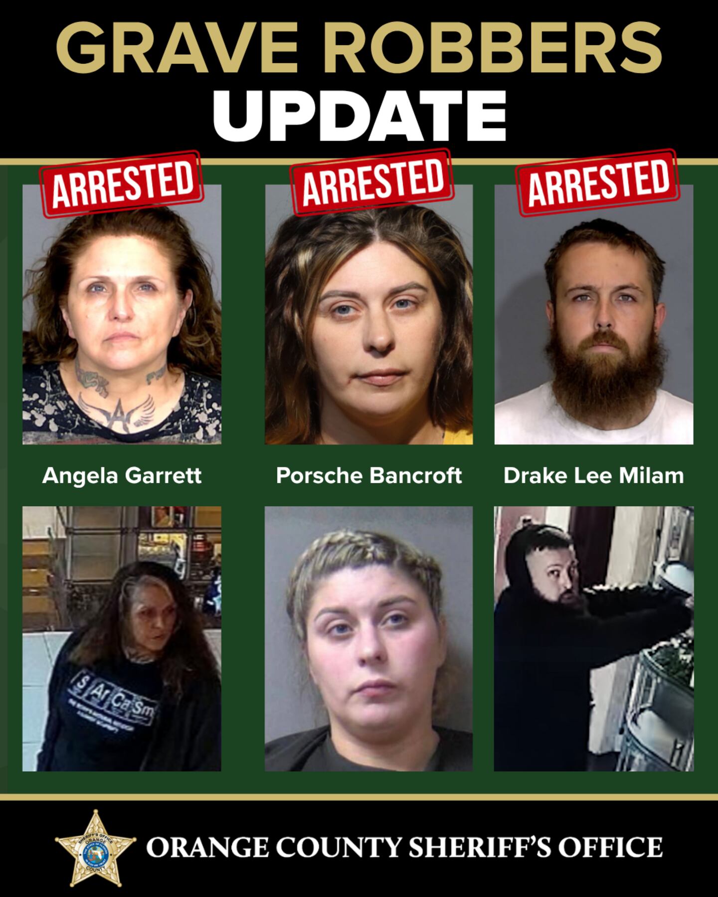 Angela Garrett, Porsche Bancroft and Drake Lee Milam have been arrested in connection with thefts from cemetery niches containing cremated remains, according to the Orange County Sheriff’s Office. (OCSO)