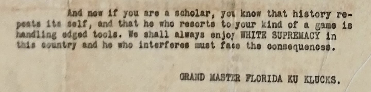 This letter is an example of communication shared amongst members of the Florida Ku Klux Klan in the early 20th century.