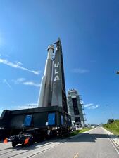 The Atlas V rocket and Starliner makes its way from Kennedy Space Center's vehicle assembly building to the pad for Friday's launch.