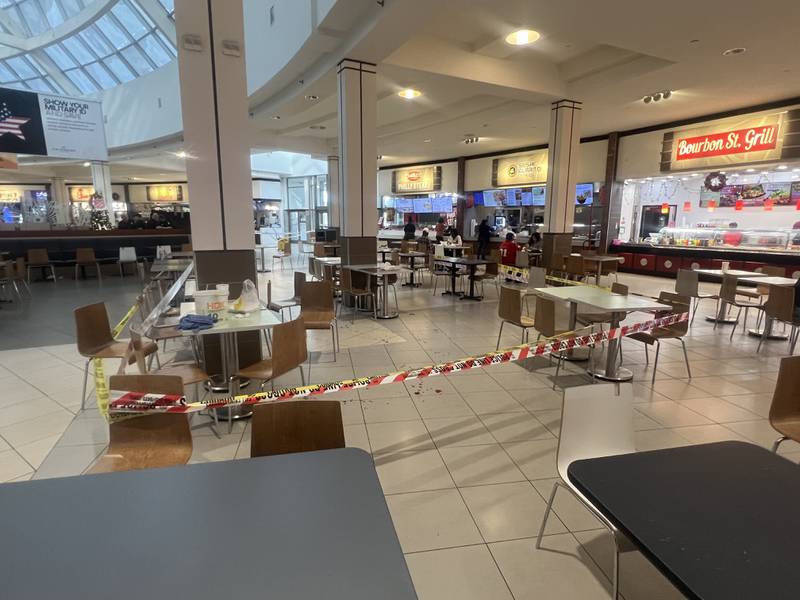 Blood could be seen on the floor in the food court of the Avenues Mall on Friday, Dec. 1, 2023.