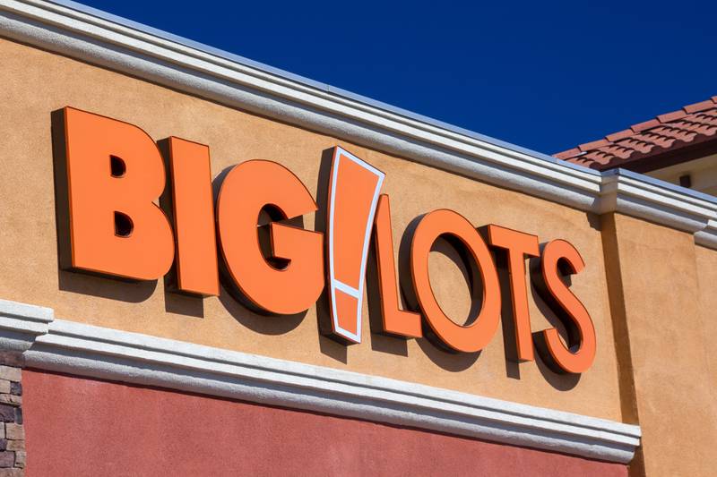 Big Lots retail store exterior. Big Lots sells food, housewares and small electronics overstocked merchandise.