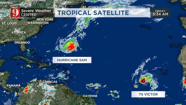 Hurricane Sam to pass well east of Bermuda; Tropical Storm Victor continues to strengthen